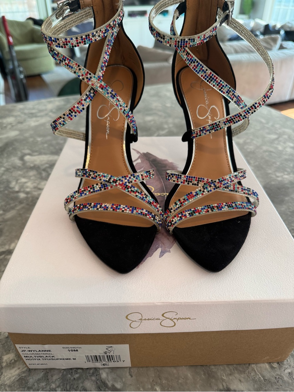 Jessica Simpson Black Suede High Heels with Multicolor Gem Straps